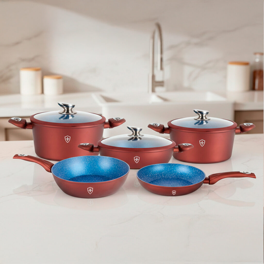 Batería de Cocina 10 Piezas Swiss Silver – Edición Rojo/Azul
