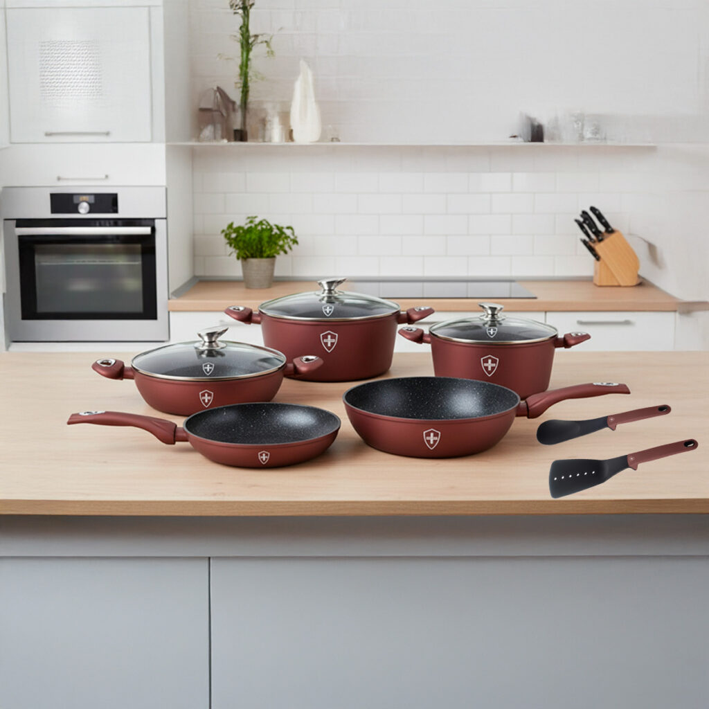 Batería de Cocina 10 Piezas Swiss Silver – Edición Rojo/Negro