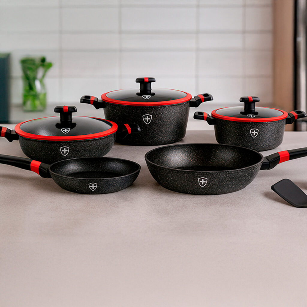 Batería de Cocina 10 Piezas Swiss Silver – Edición Mármol Negro